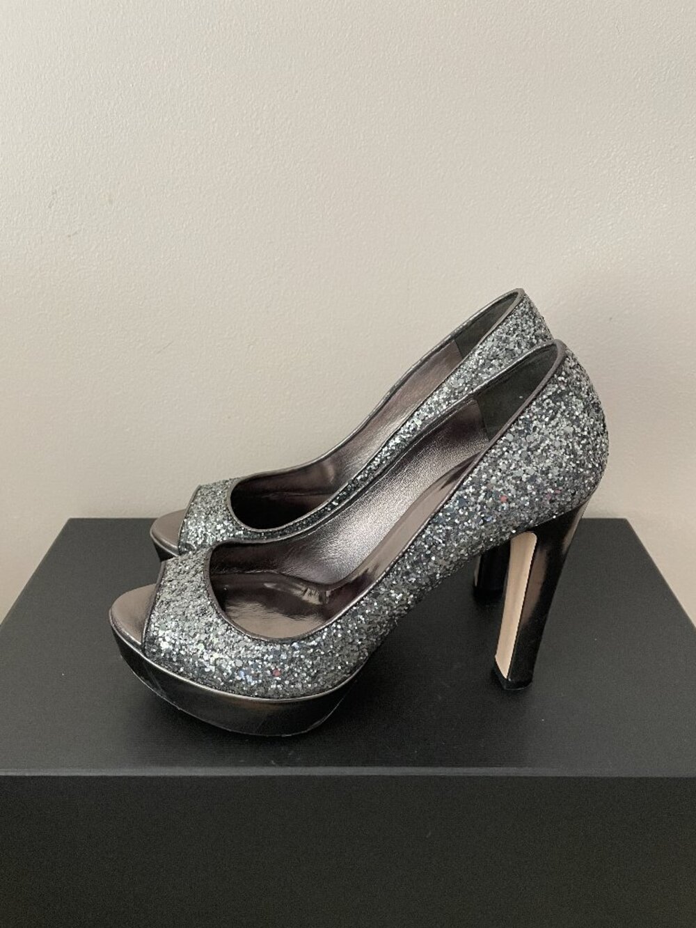 MIU MIU Leather Glitter Platform High Heels